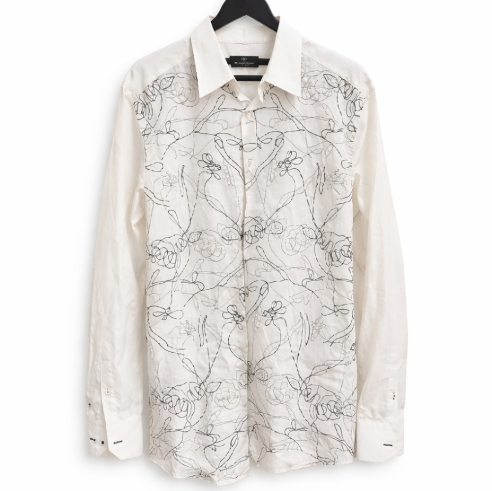 Bugatchi White Shirt with Black Abstract Floral Lines